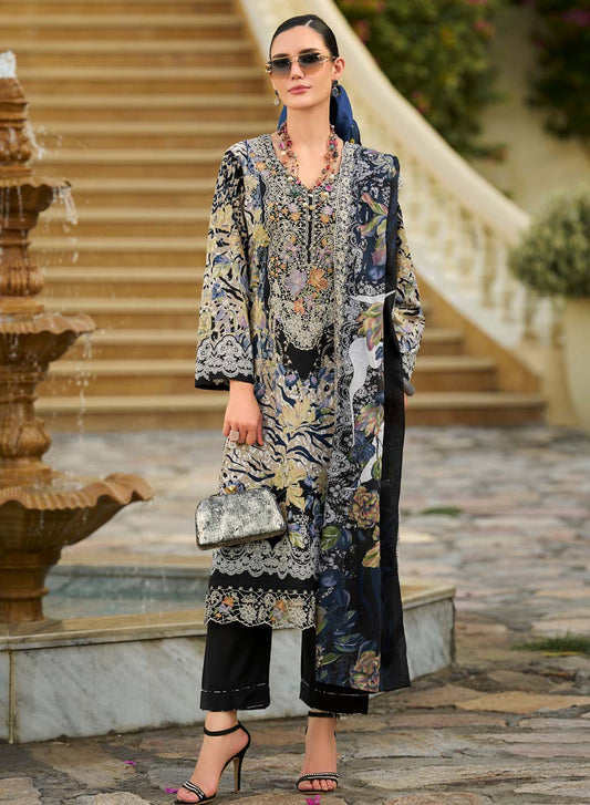 Black Unstitched Pakistani Cotton Suit Dress Material with Embroidery