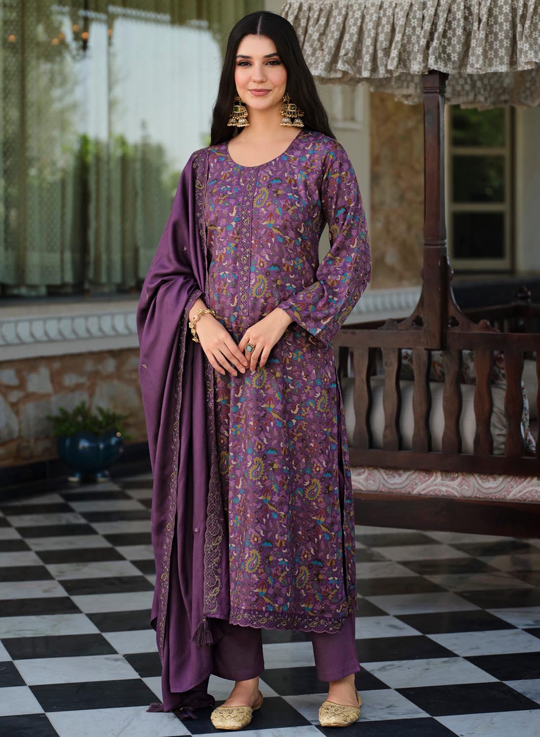Purple Pure Viscose Pashmina Unstitched Winter Suit Material for Women