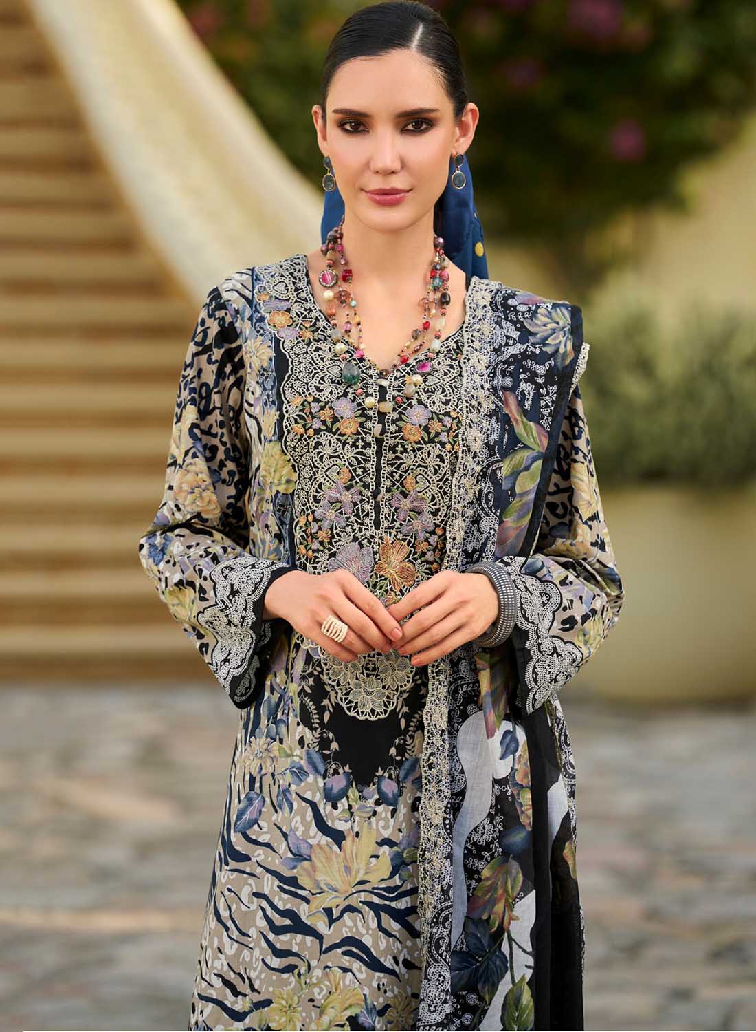 Black Unstitched Pakistani Cotton Suit Dress Material with Embroidery