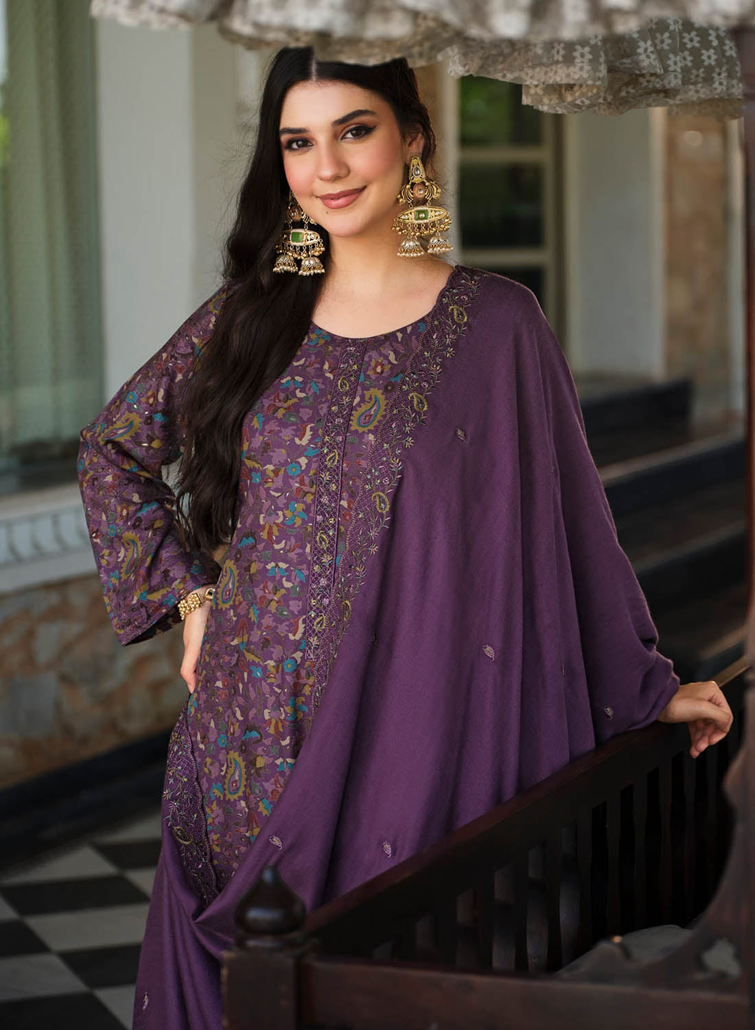 Purple Pure Viscose Pashmina Unstitched Winter Suit Material for Women