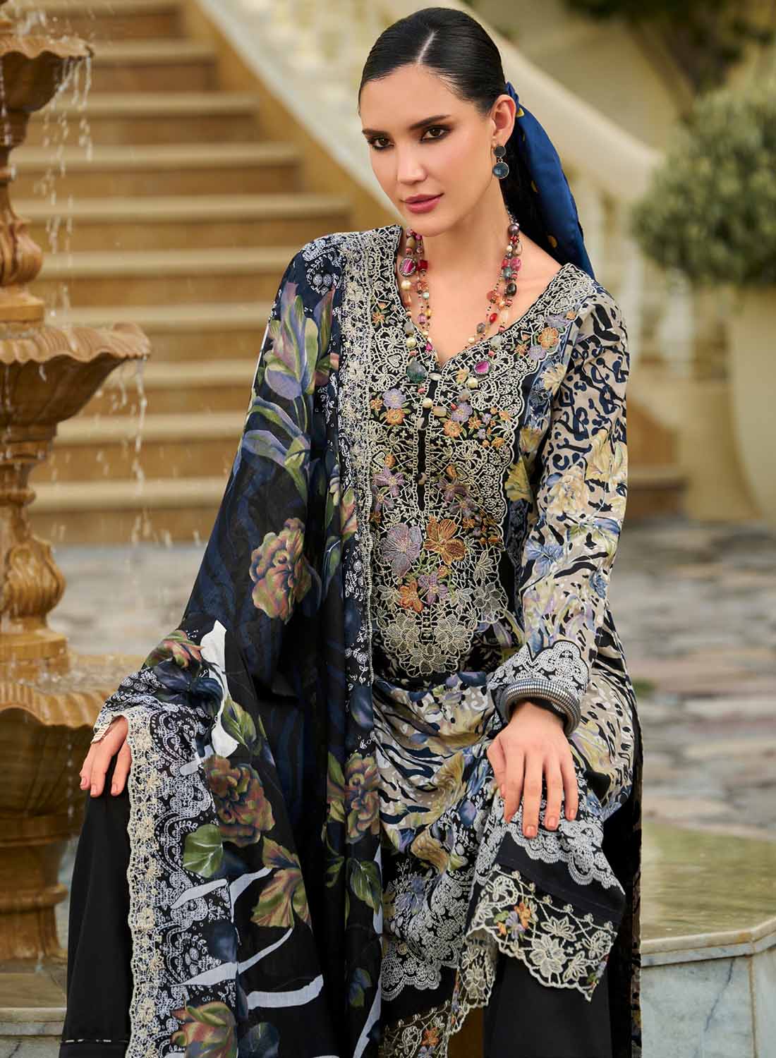 Black Unstitched Pakistani Cotton Suit Dress Material with Embroidery