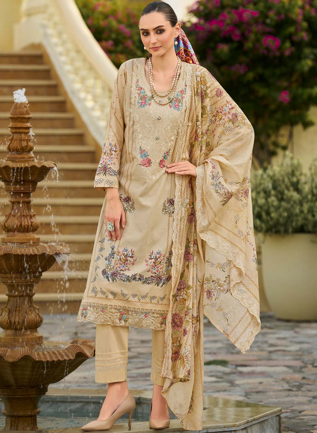Beige Unstitched Pakistani Cotton Suit Dress Material with Embroidery