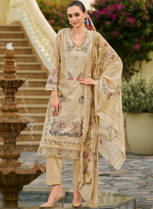 Beige Unstitched Pakistani Cotton Suit Dress Material with Embroidery