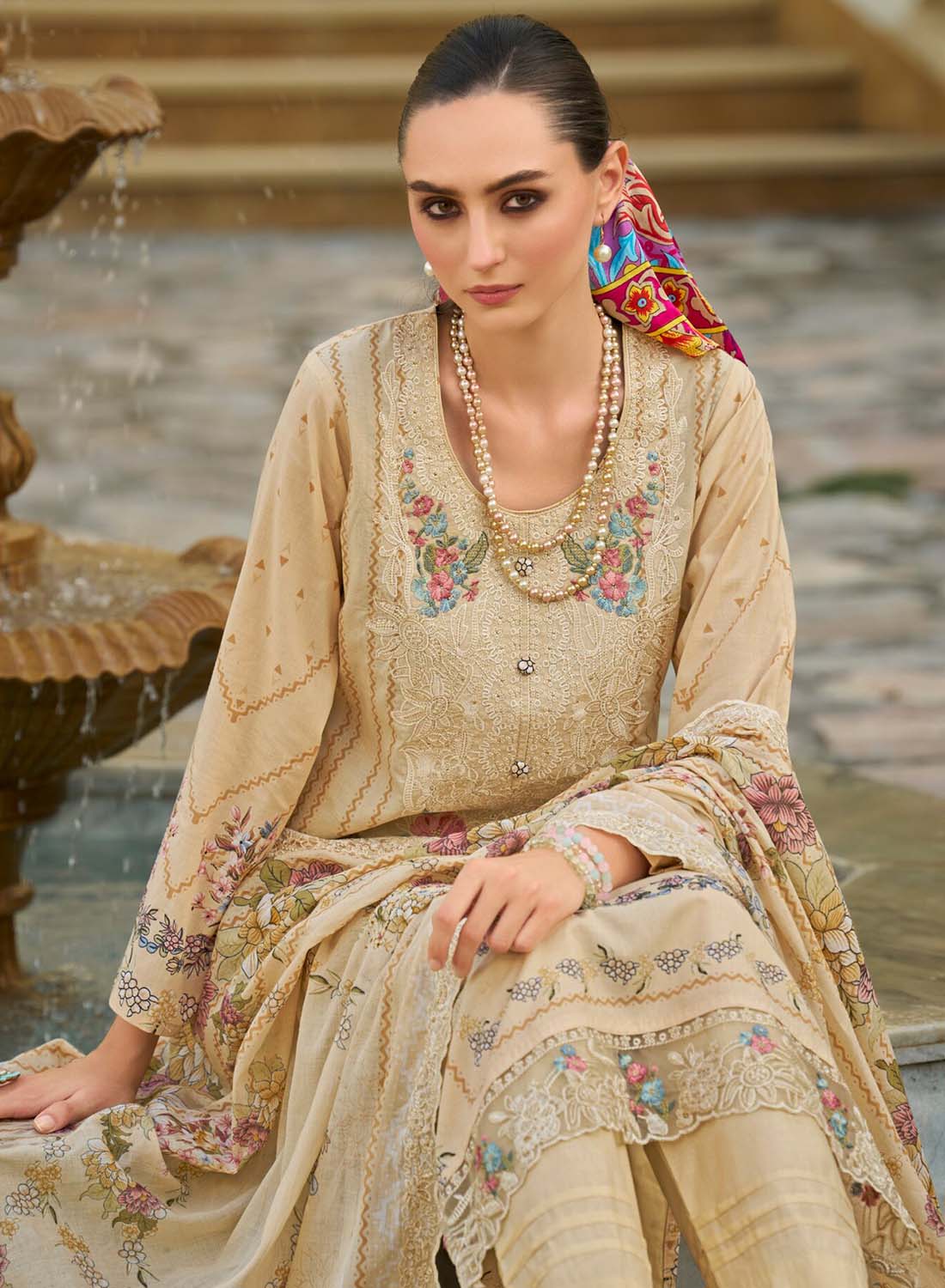 Beige Unstitched Pakistani Cotton Suit Dress Material with Embroidery