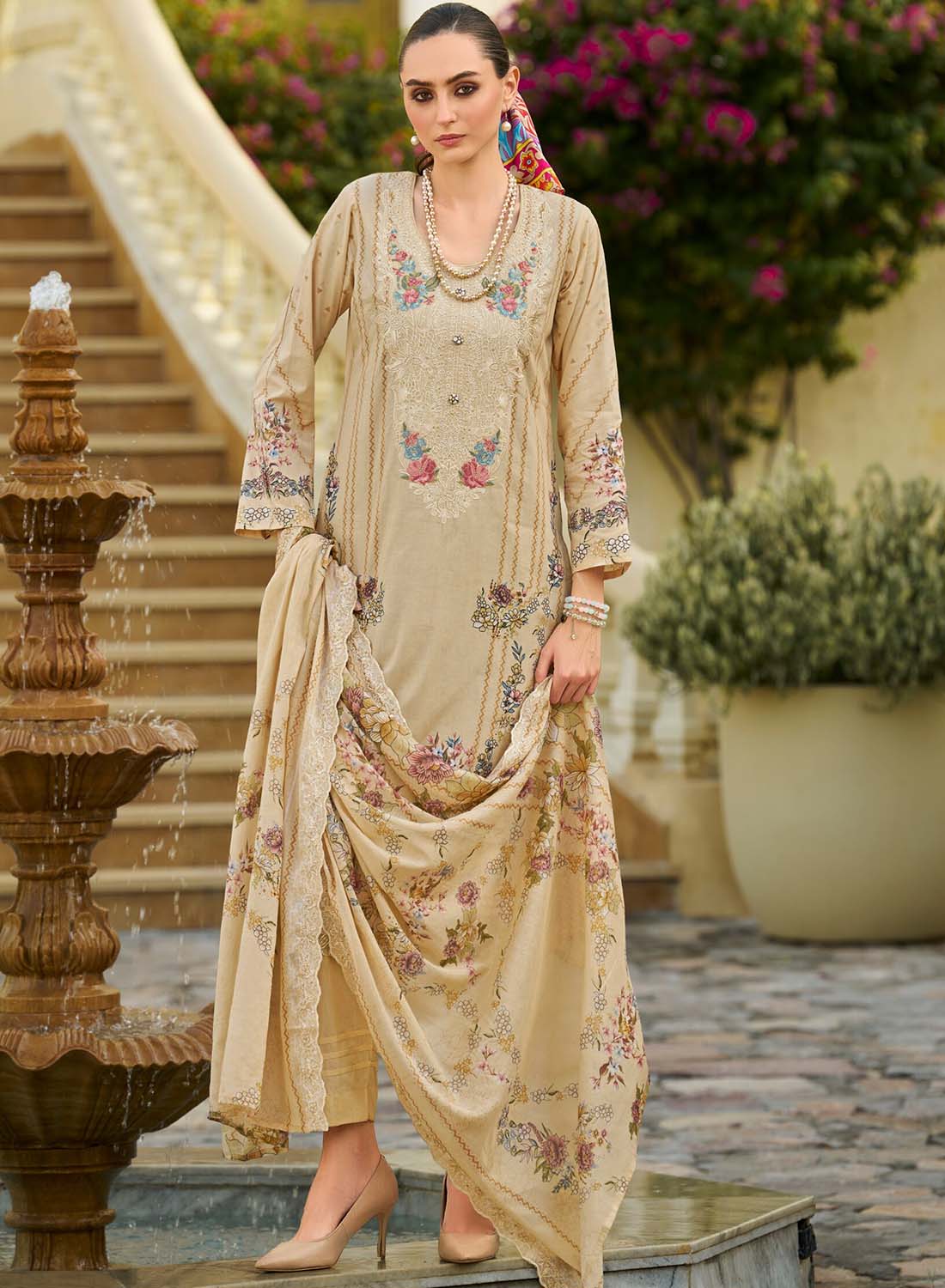 Beige Unstitched Pakistani Cotton Suit Dress Material with Embroidery