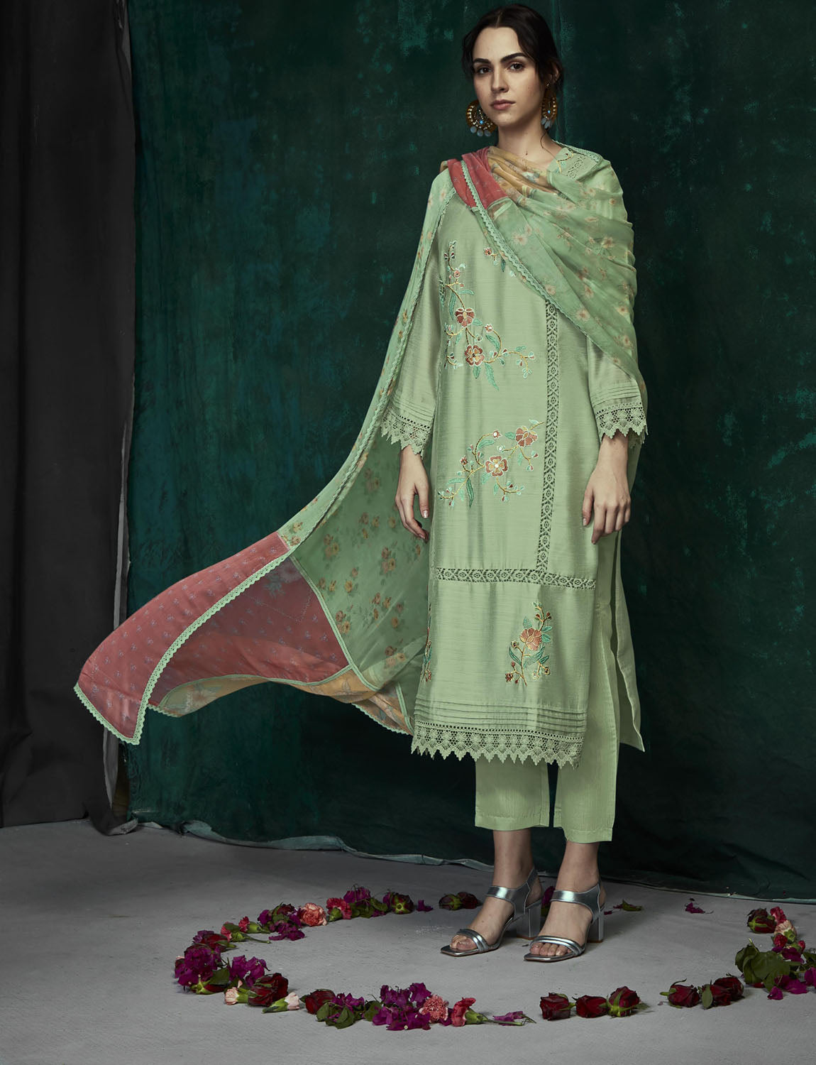 Kimora Party Wear Cotton Satin Unstitched Women Suit Green Kimora