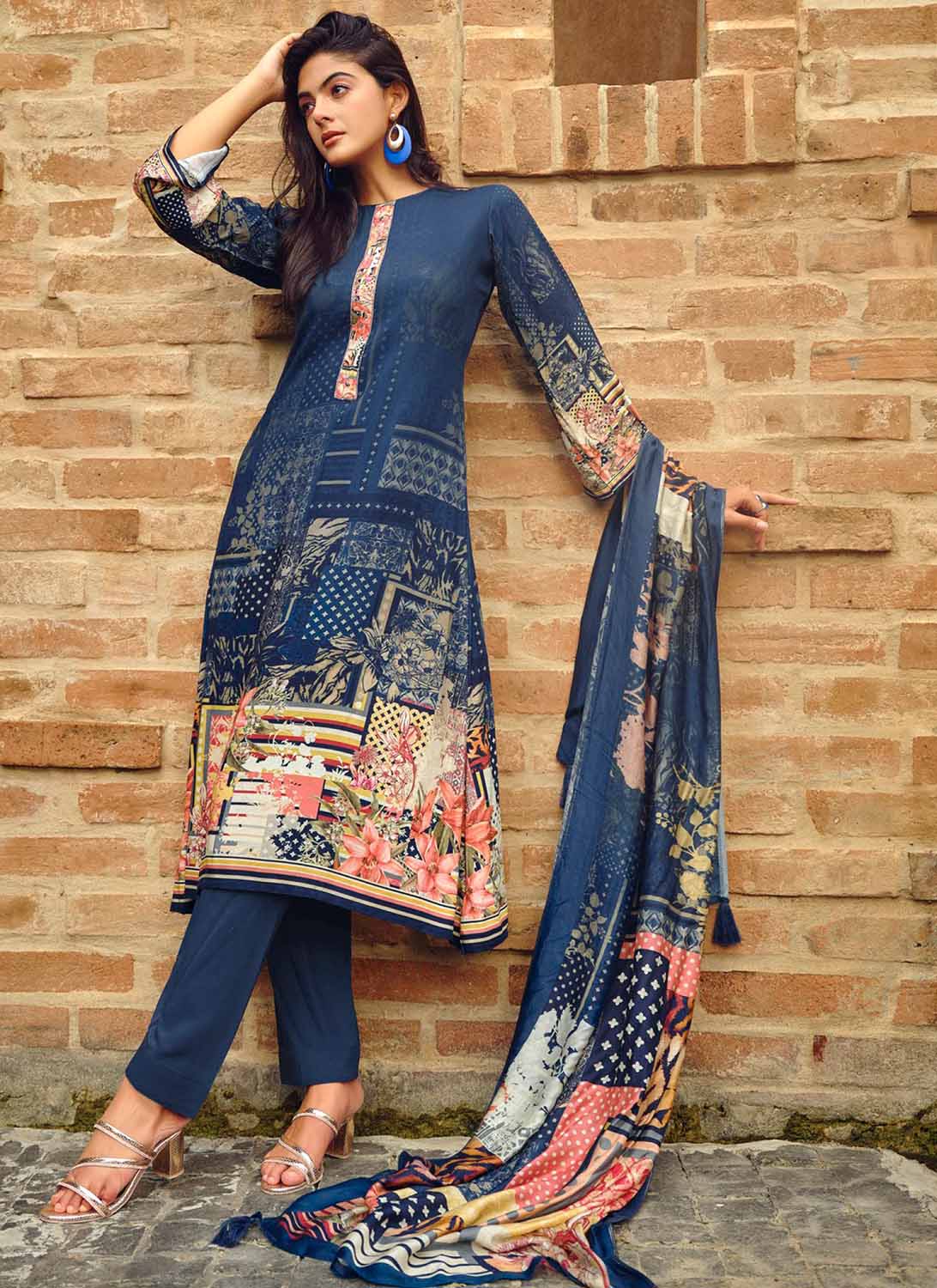 Unstitched Blue Pashmina Winter Suit Fabric Dress Material for Women AIQA