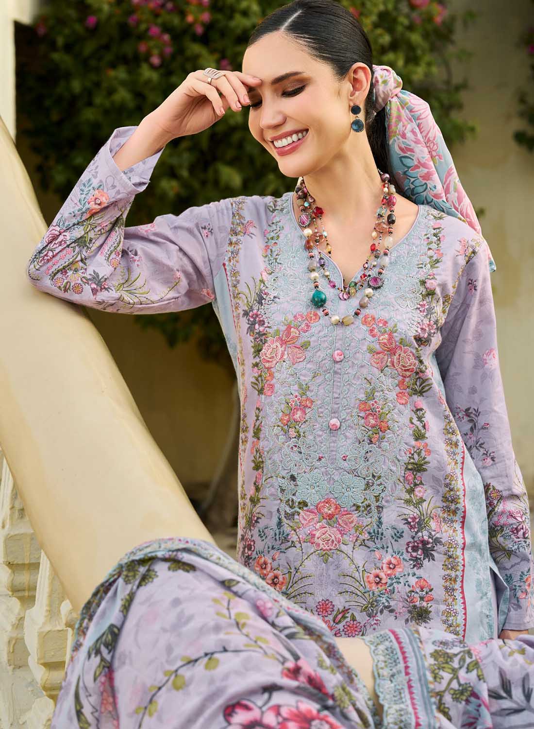 Purple Unstitched Pakistani Cotton Suit Dress Material with Embroidery