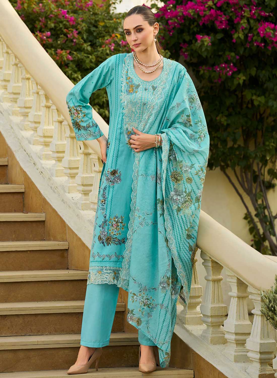 Women Unstitched Pakistani Cotton Suit Dress Material with Embroidery
