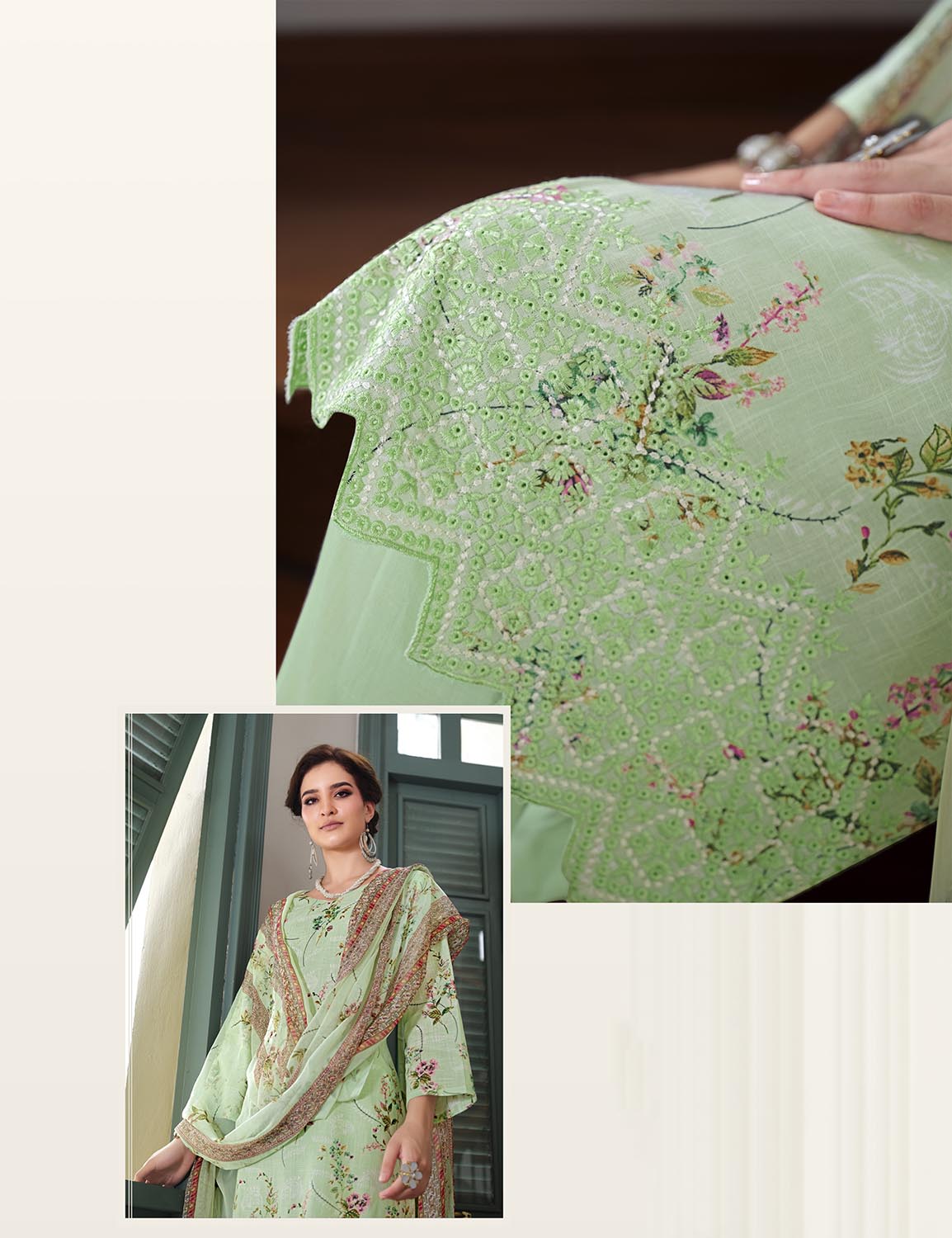Belliza Cotton Linen Embroidered Unstitched Suit Green Belliza