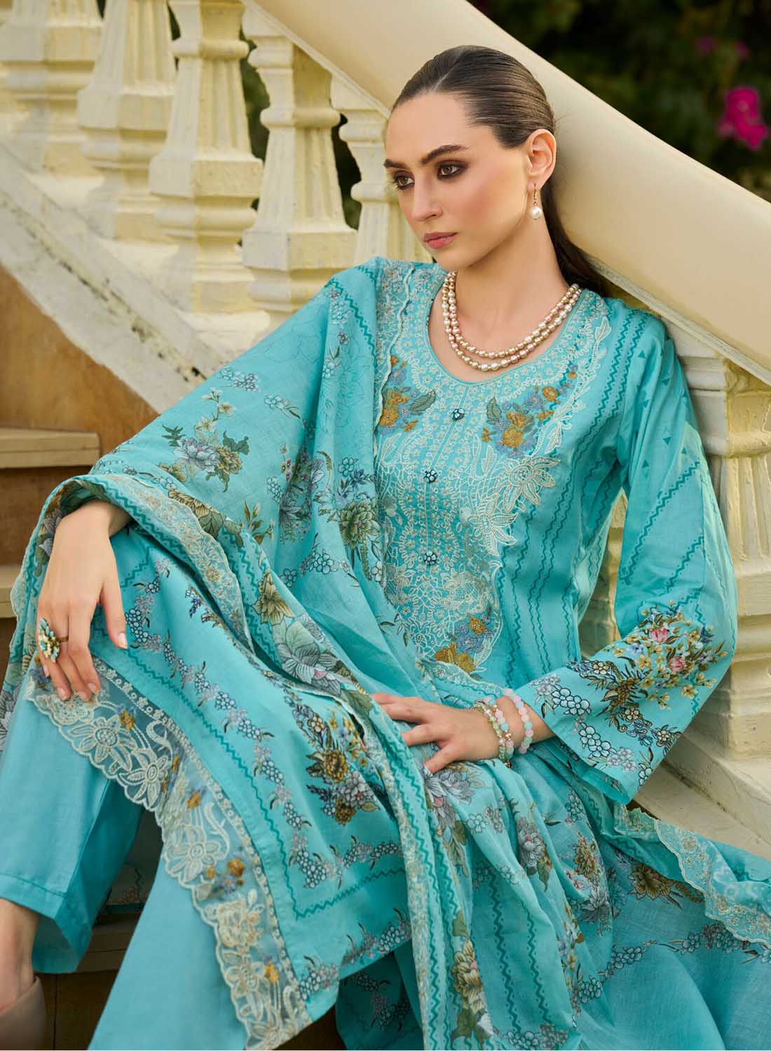 Women Unstitched Pakistani Cotton Suit Dress Material with Embroidery
