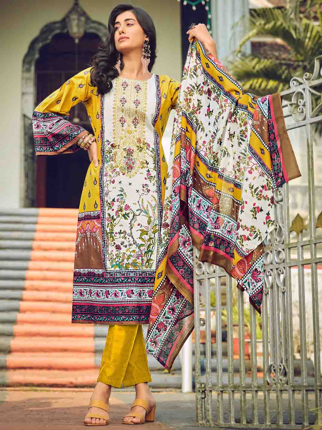Pakistani Print Yellow Unstitched Cotton Suit Material for Women Belliza