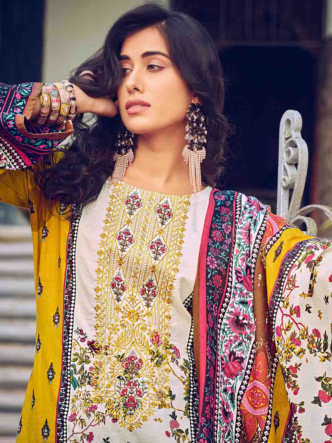 Pakistani Print Yellow Unstitched Cotton Suit Material for Women Belliza