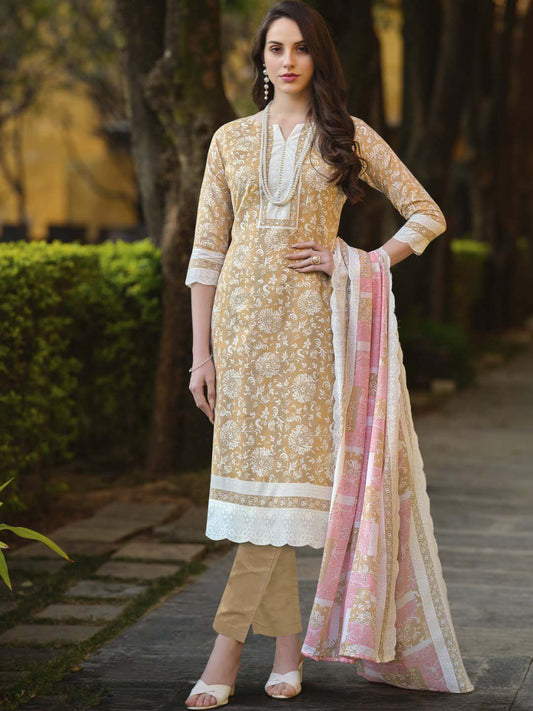Zulfat Beige Unstitched Cotton Suit Material for Women with Dupatta