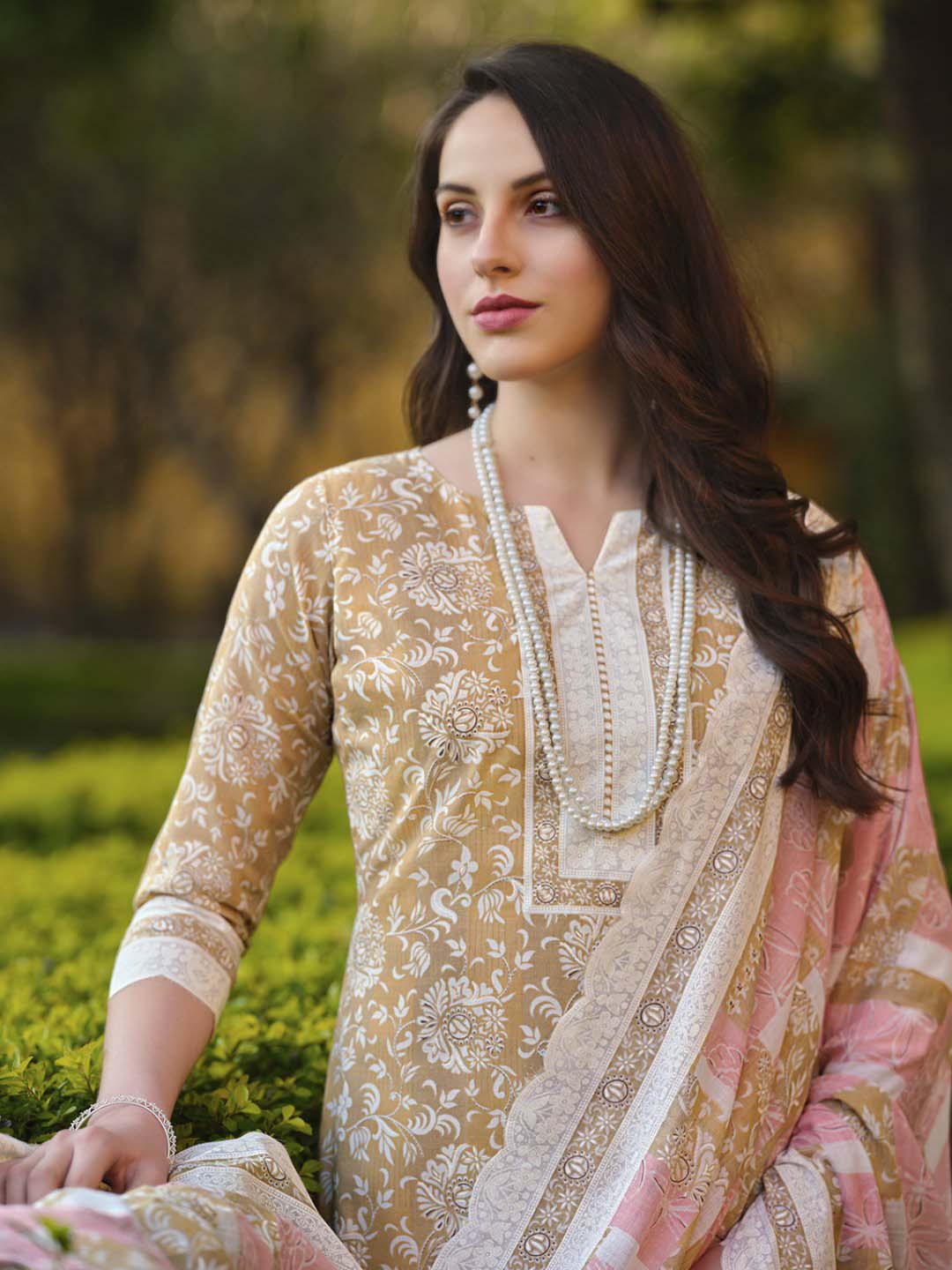 Zulfat Beige Unstitched Cotton Suit Material for Women with Dupatta