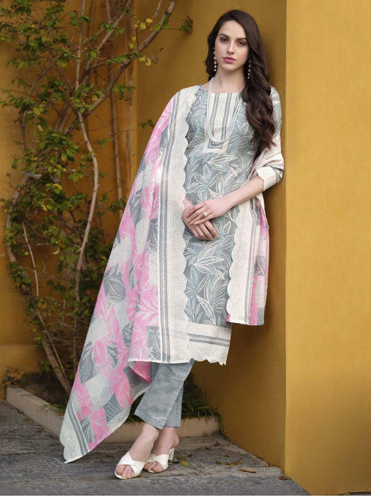 Zulfat Grey Unstitched Cotton Suit Material for Women with Dupatta