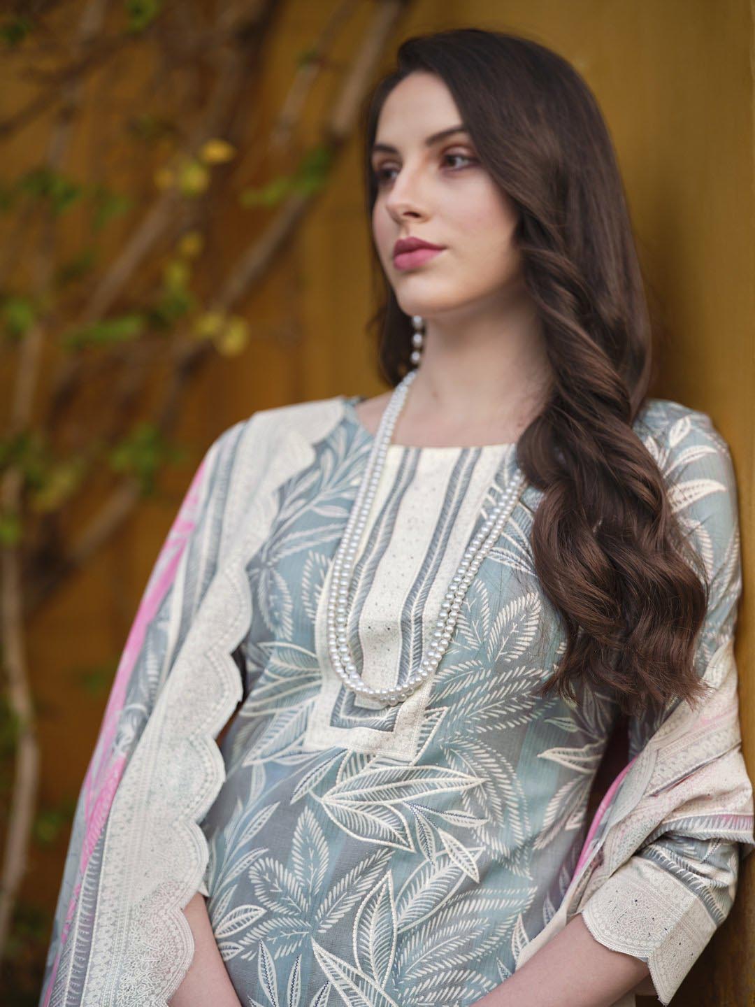 Zulfat Grey Unstitched Cotton Suit Material for Women with Dupatta