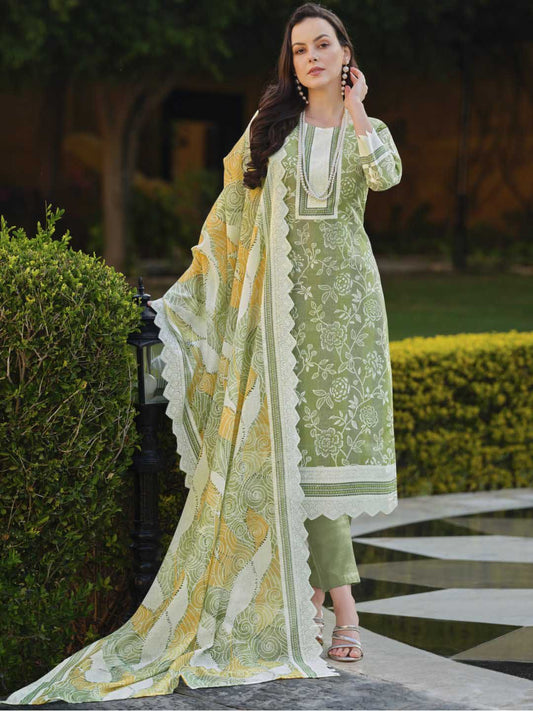 Zulfat Green Unstitched Cotton Suit Material for Women with Dupatta