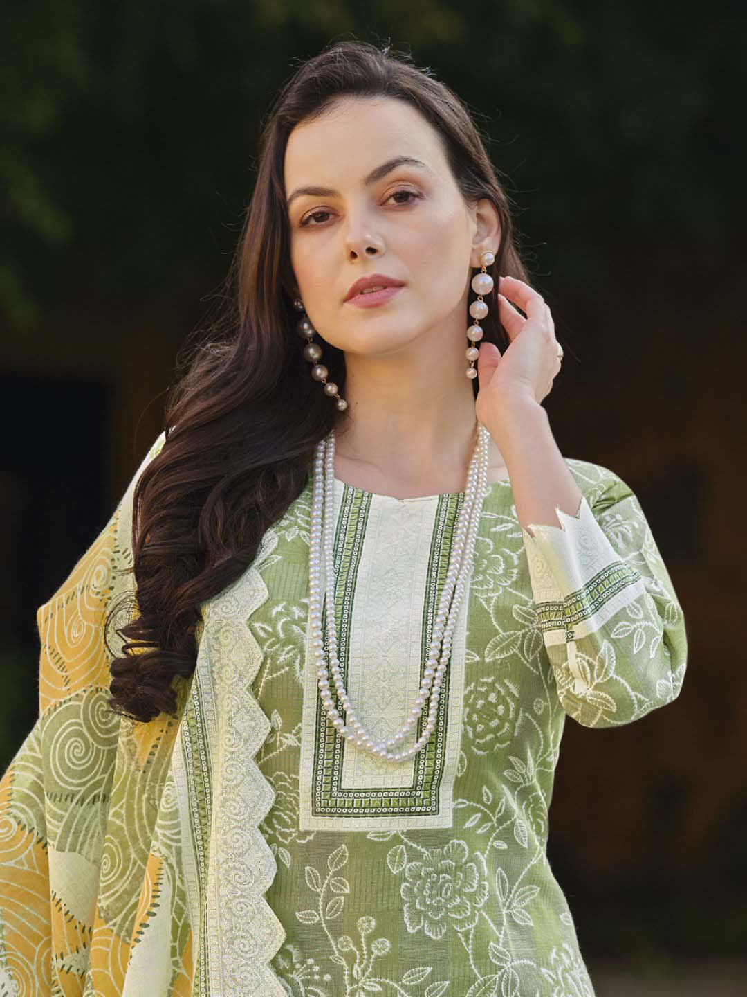 Zulfat Green Unstitched Cotton Suit Material for Women with Dupatta