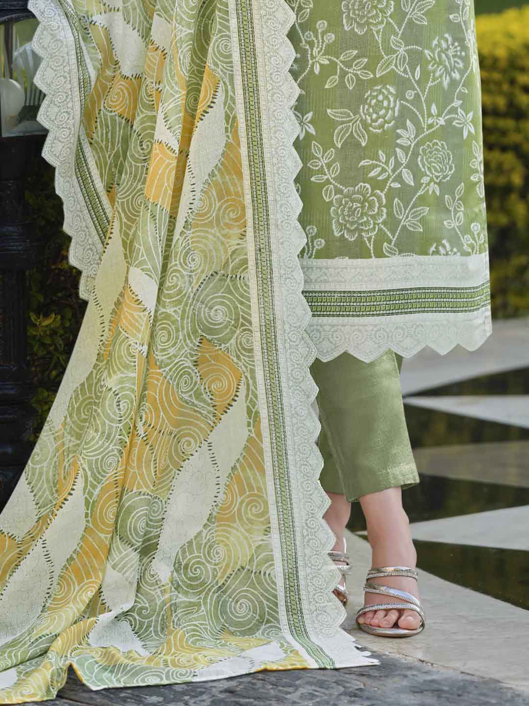 Zulfat Green Unstitched Cotton Suit Material for Women with Dupatta