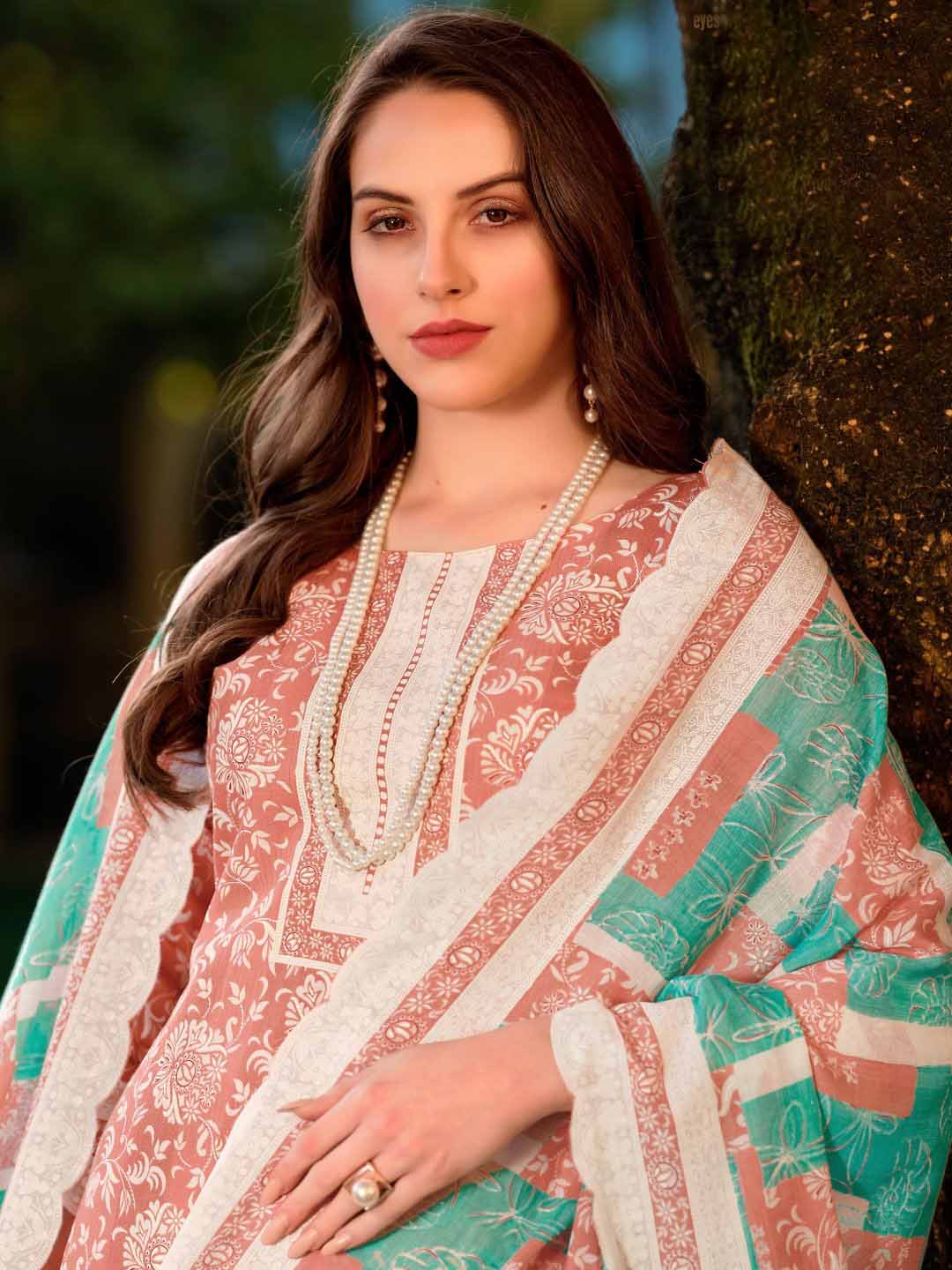 Zulfat Peach Unstitched Cotton Suit Material for Women with Dupatta