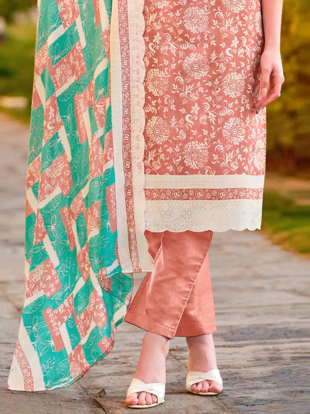 Zulfat Peach Unstitched Cotton Suit Material for Women with Dupatta
