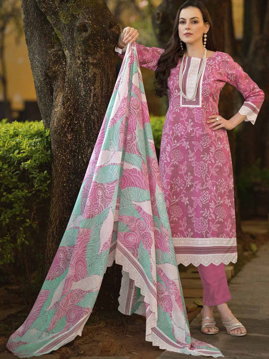 Zulfat Pink Unstitched Cotton Suit Material for Women with Dupatta