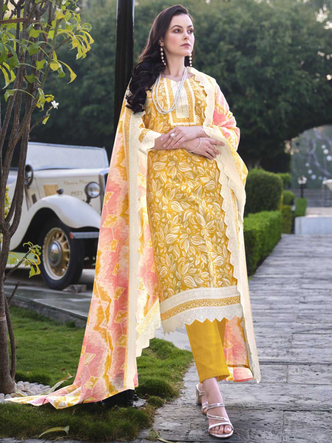 Zulfat Yellow Unstitched Cotton Suit Material for Women with Dupatta