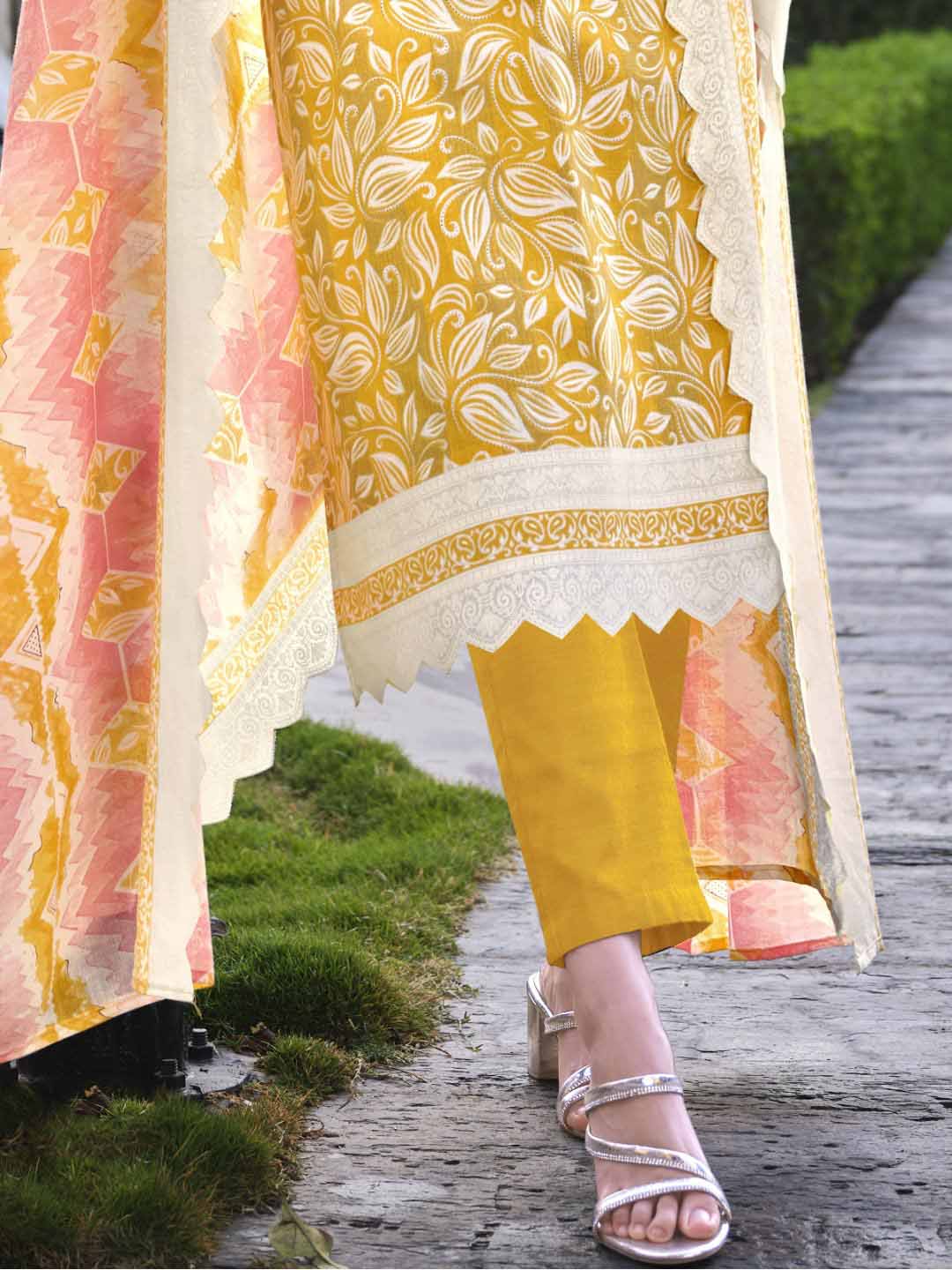 Zulfat Yellow Unstitched Cotton Suit Material for Women with Dupatta