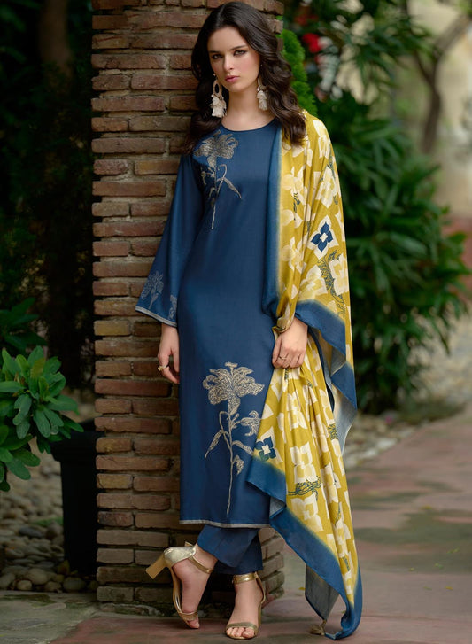 Blue Viscose Pashmina Unstitched Winter Salwar Suit Dress Material