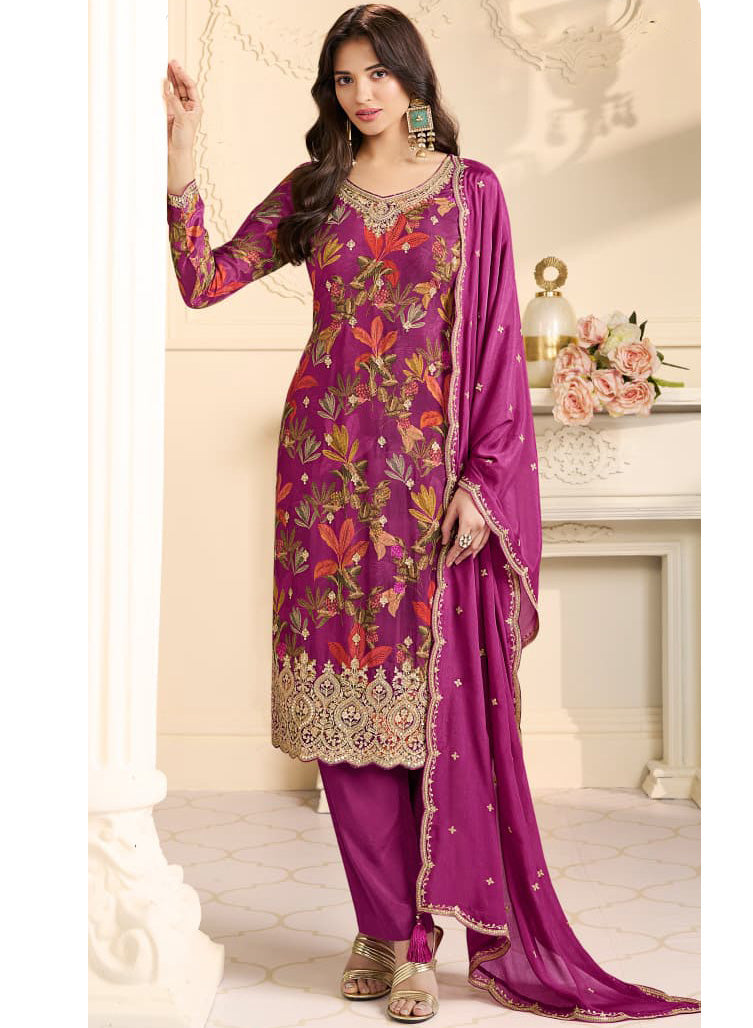 Party Wear Chinnon Pink Unstitched Suit Dress Material with Embroidery