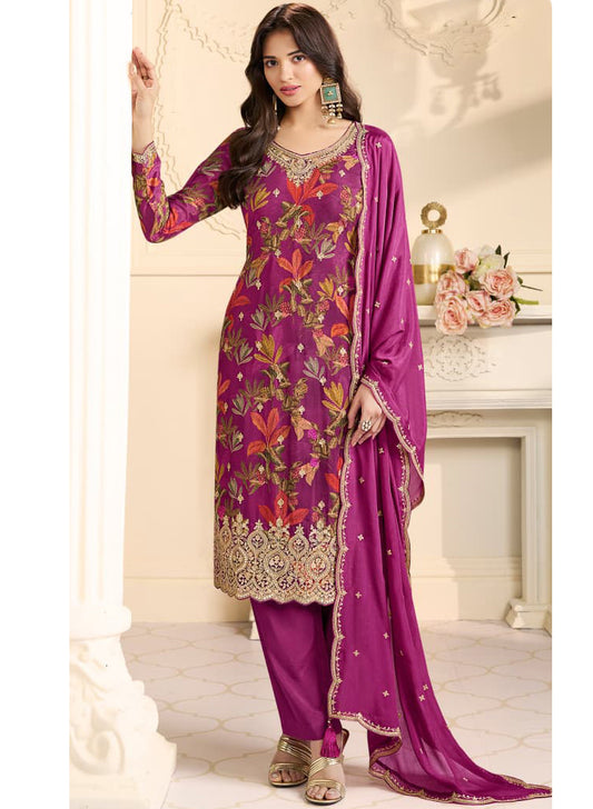 Party Wear Chinnon Pink Unstitched Suit Dress Material with Embroidery