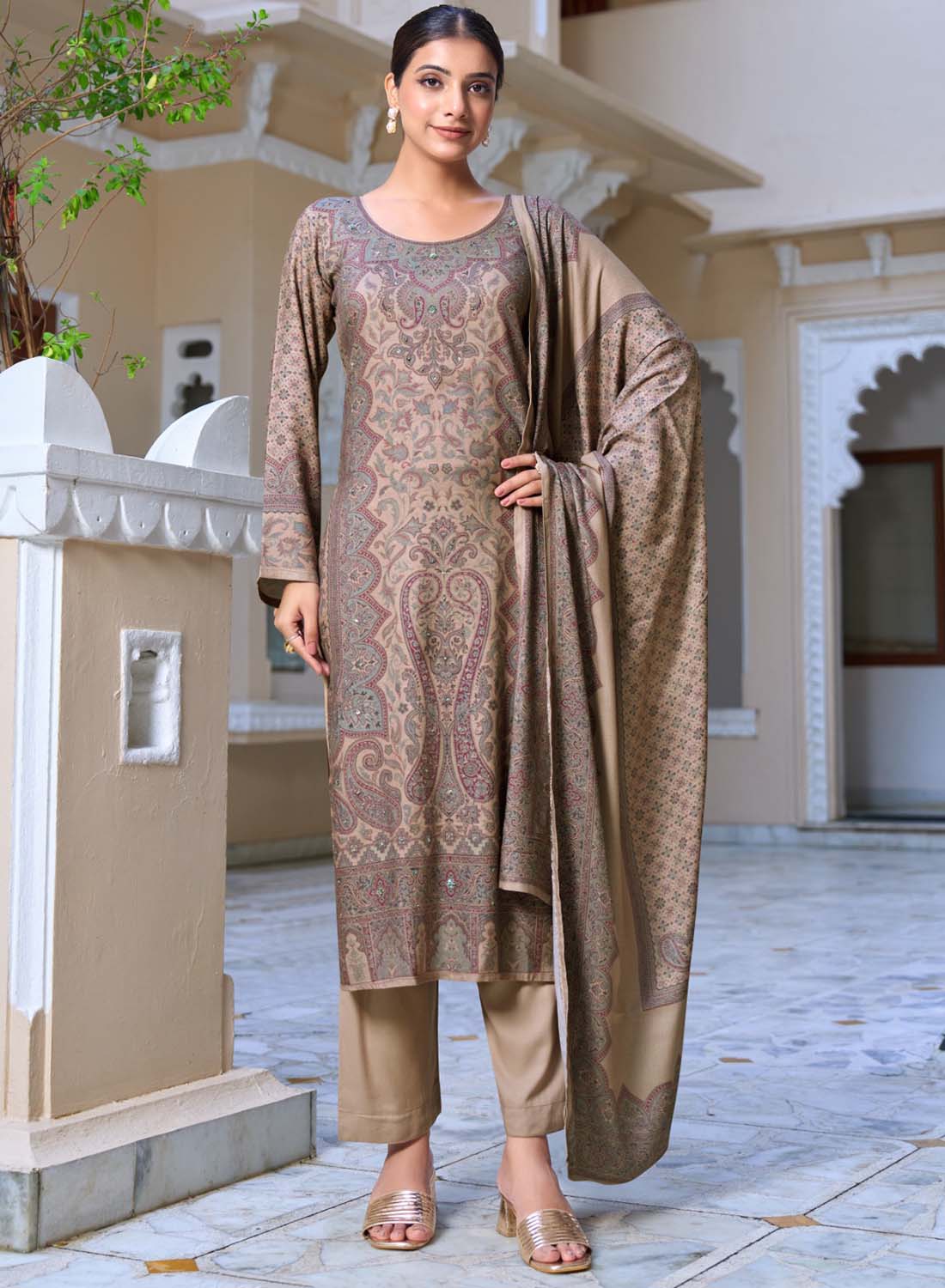Brown Viscose Pashmina Kashmiri Print Unstitched Winter Suit Dress Material