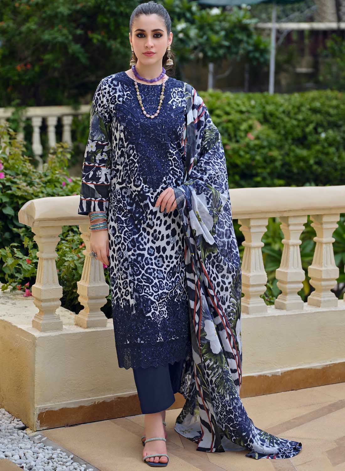 Blue Unstitched Cotton Pakistani Suit Dress Material with Embroidery