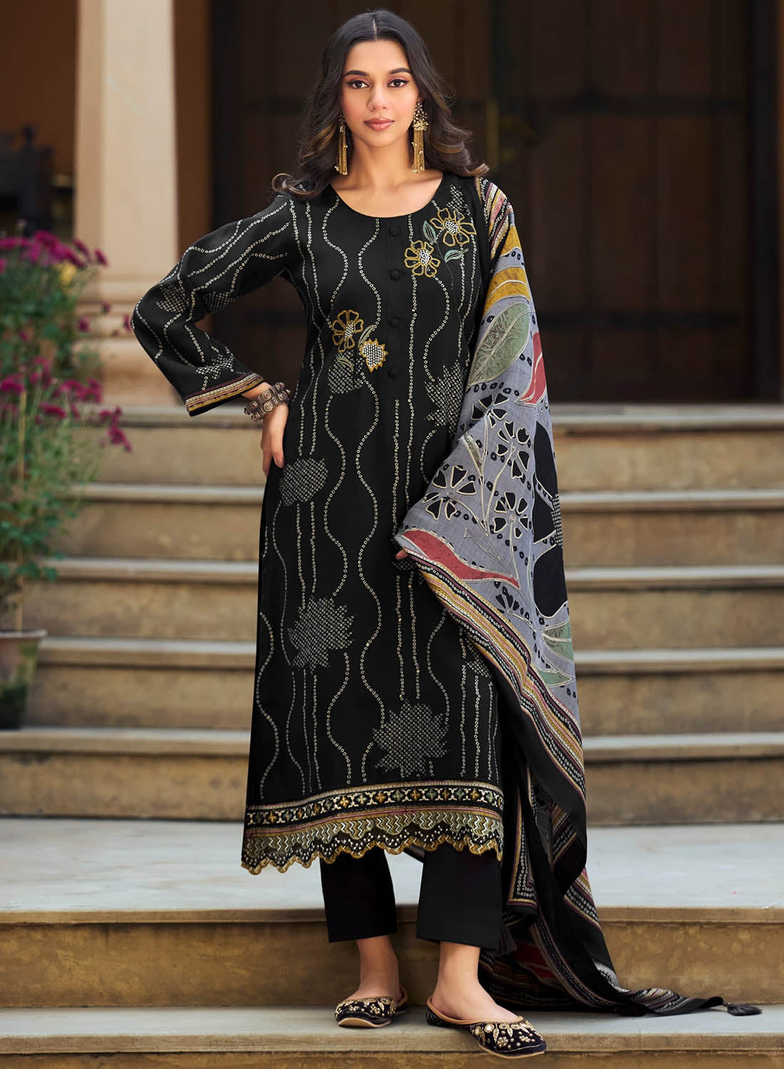 Fancy Black Muslin Silk Unstitched Salwar Suit Material for Women