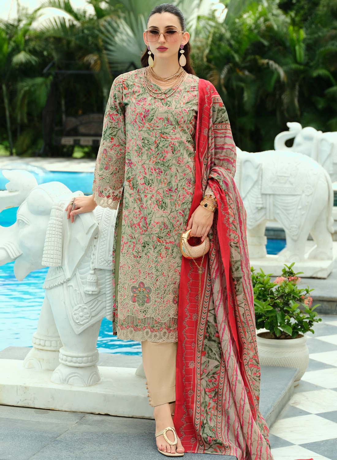 Pure Cotton Unstitched Pakistani Suit Material with Embroidery for Women Beige