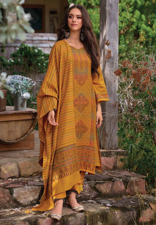 Pure Handloom Yellow Unstitched Pashmina Winter Suits Set for Women Kilory Trends
