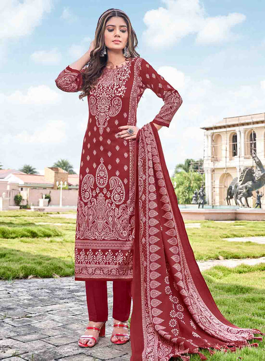 Pashmina Winter Red Unstitched Ladies Suit Dress Material with Shawl Radha Fab
