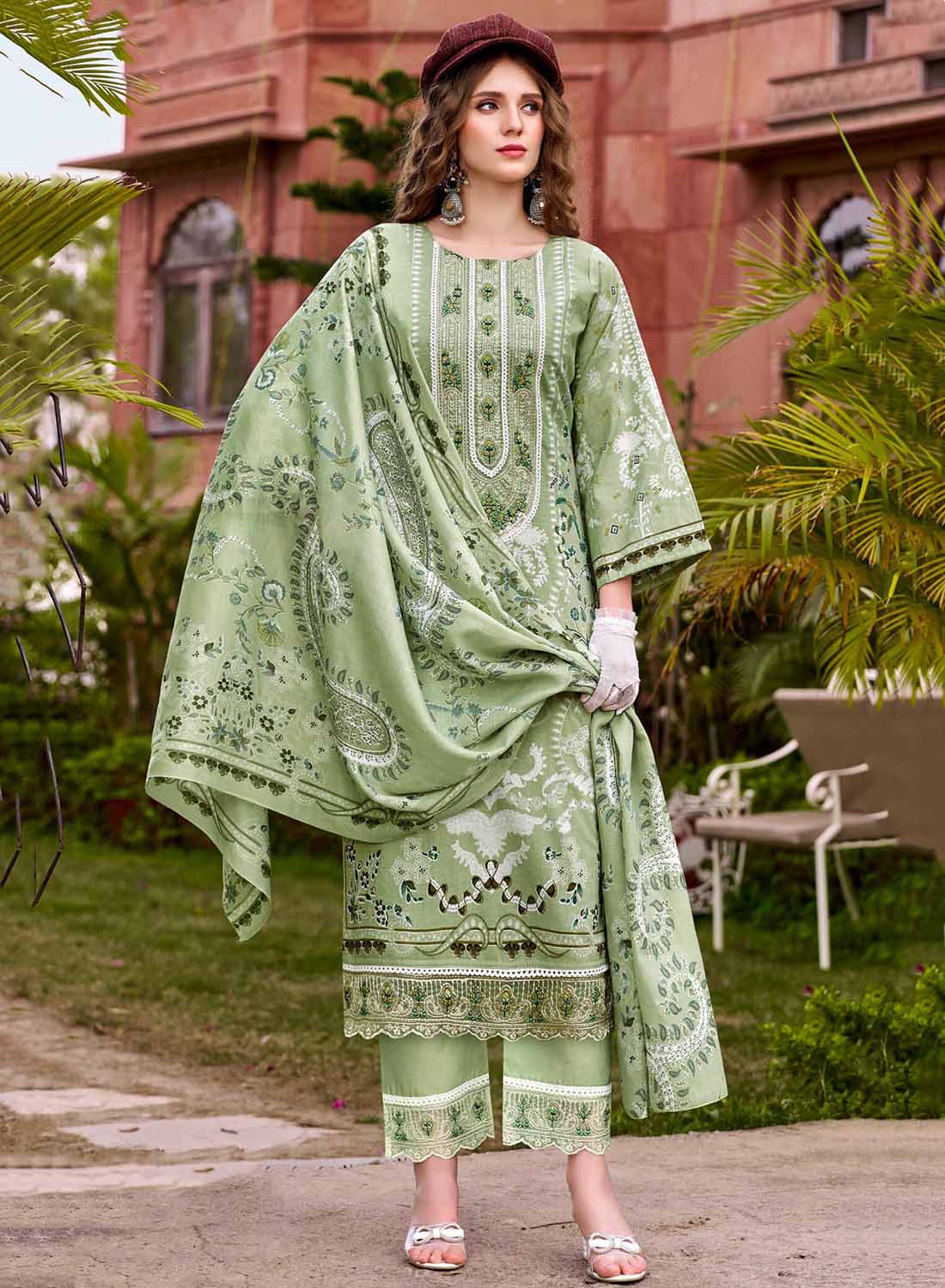 Pure Cotton Unstitched Pakistani Suit Dress Material with Embroidery Green