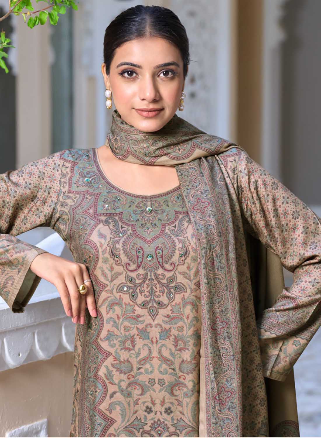 Brown Viscose Pashmina Kashmiri Print Unstitched Winter Suit Dress Material