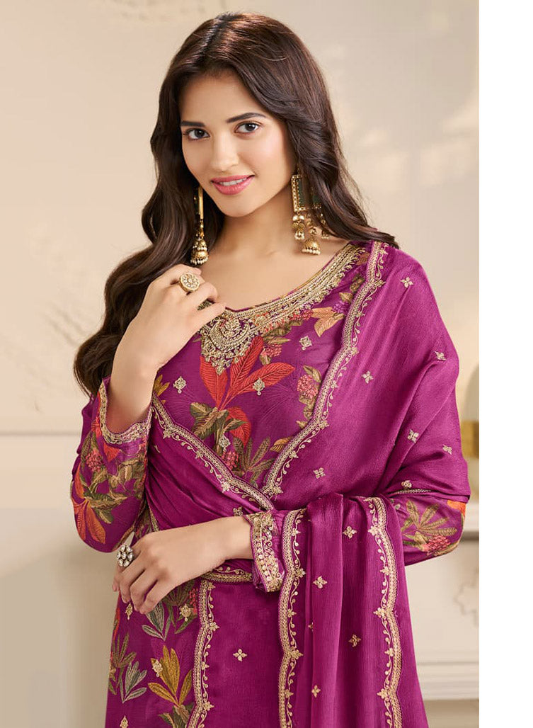 Party Wear Chinnon Pink Unstitched Suit Dress Material with Embroidery