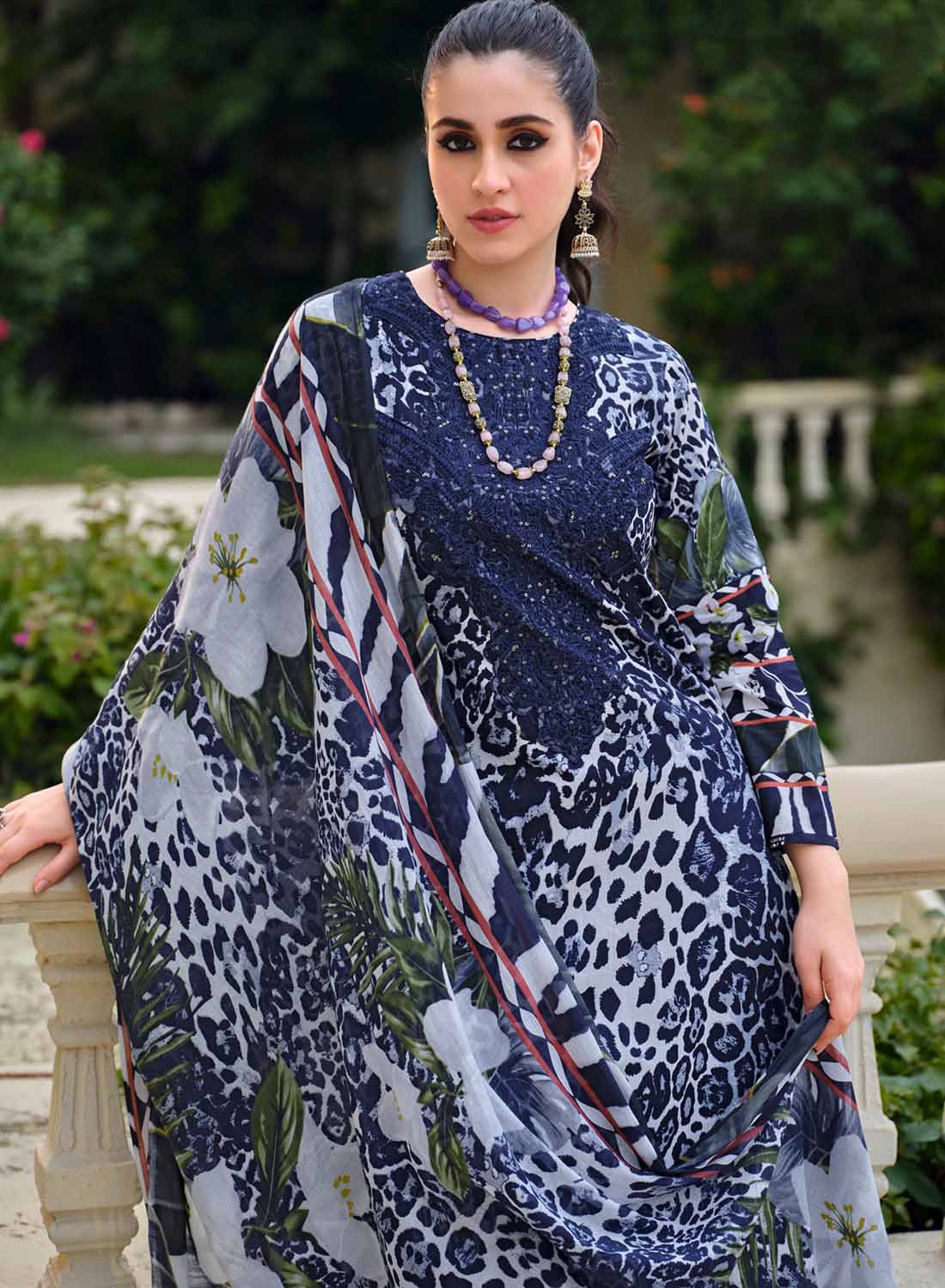 Blue Unstitched Cotton Pakistani Suit Dress Material with Embroidery