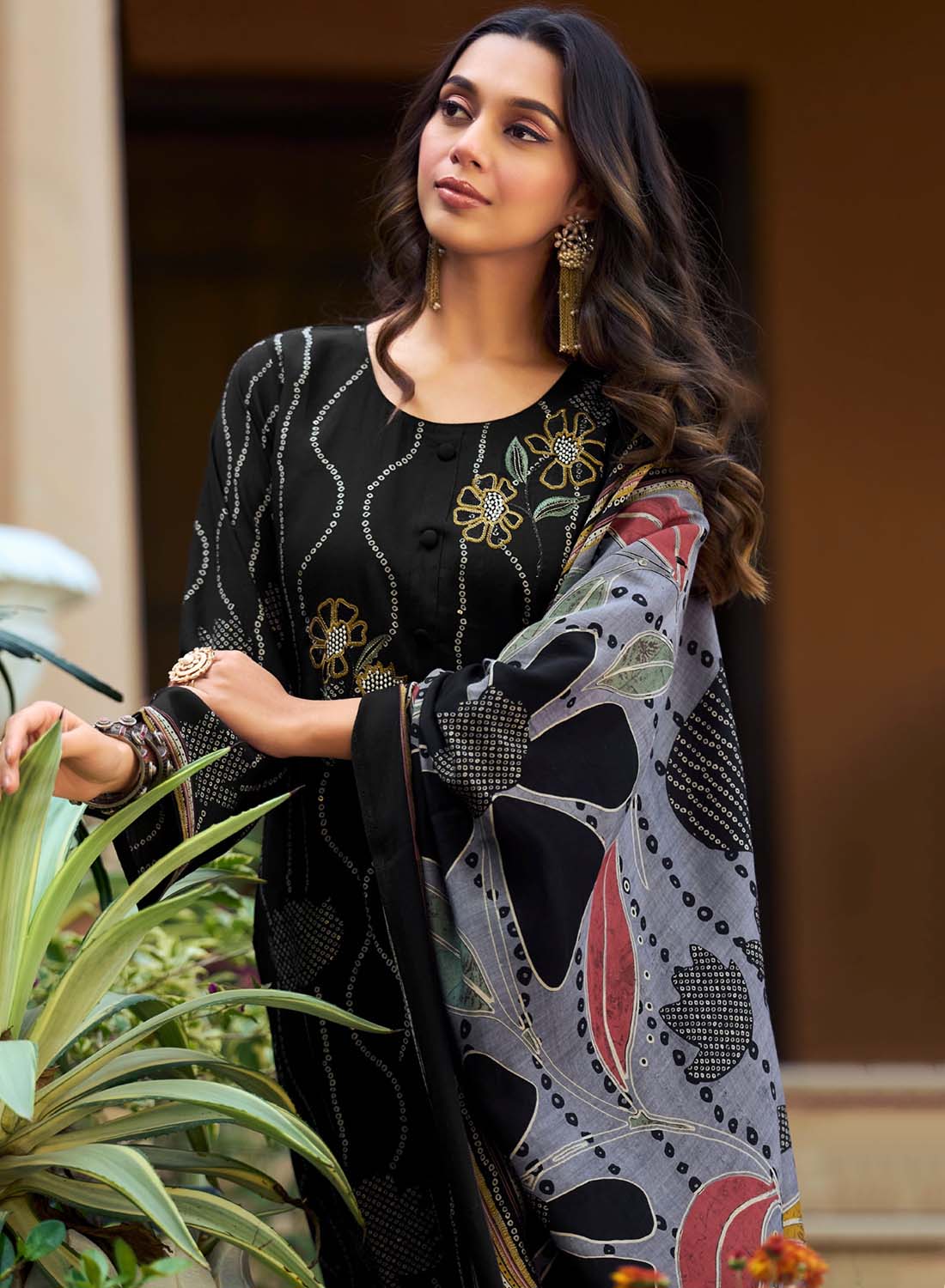 Fancy Black Muslin Silk Unstitched Salwar Suit Material for Women