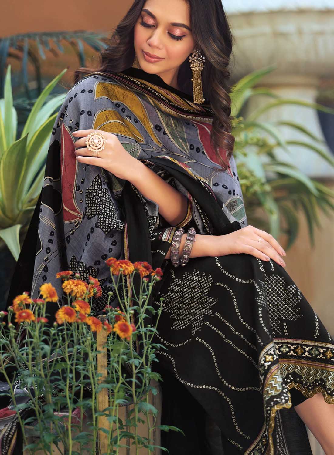 Fancy Black Muslin Silk Unstitched Salwar Suit Material for Women