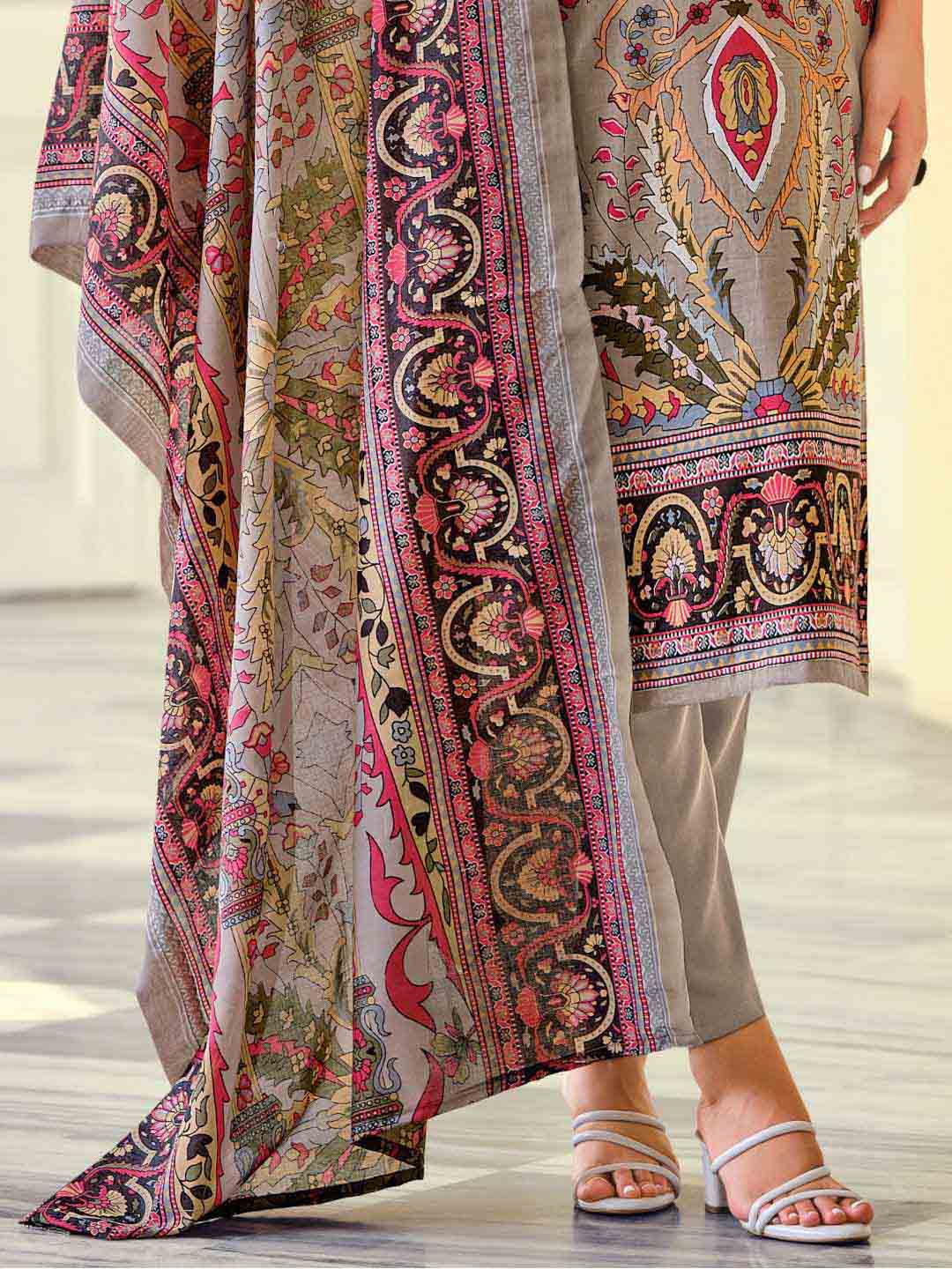 Women's Grey Pakistani Print Unstitched Cotton Suit Material with Embroidery