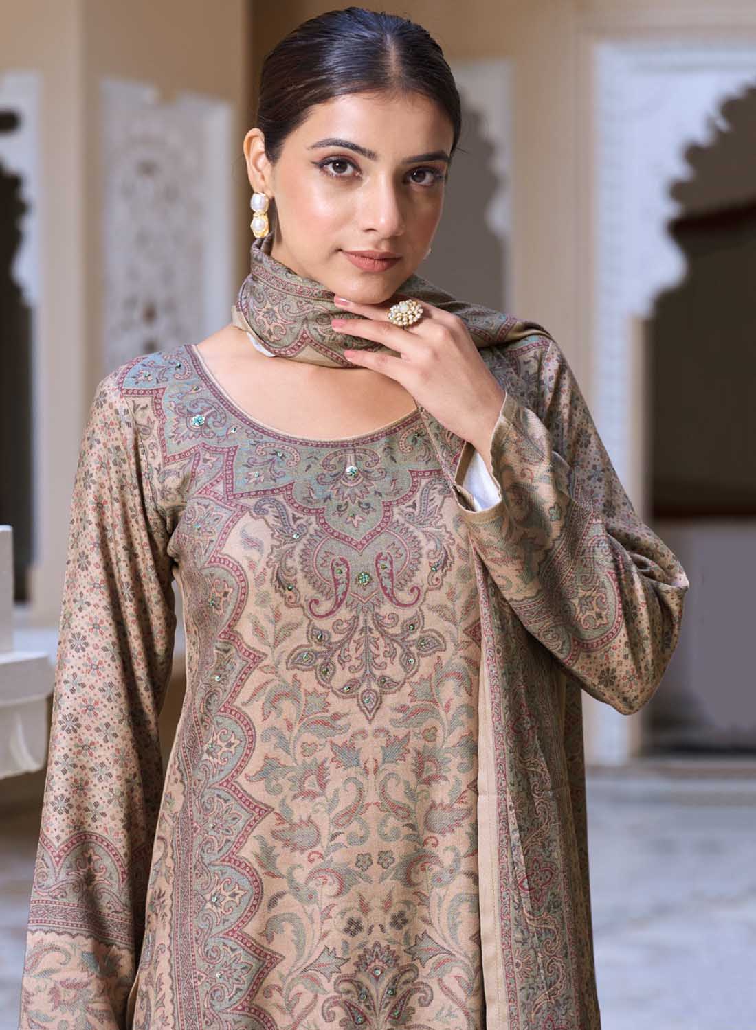 Brown Viscose Pashmina Kashmiri Print Unstitched Winter Suit Dress Material