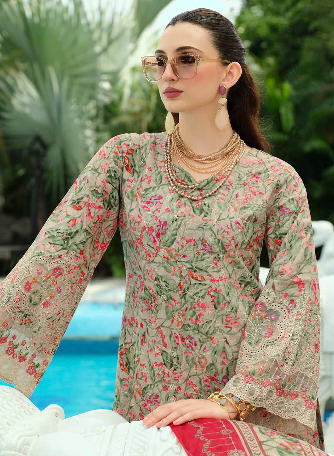 Pure Cotton Unstitched Pakistani Suit Material with Embroidery for Women Beige