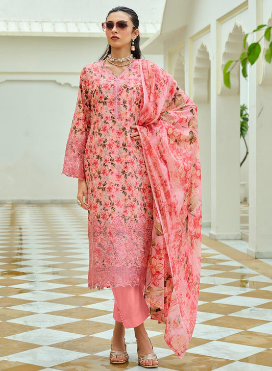 Pure Cotton Unstitched Pakistani Suit Dress Material with Embroidery Pink