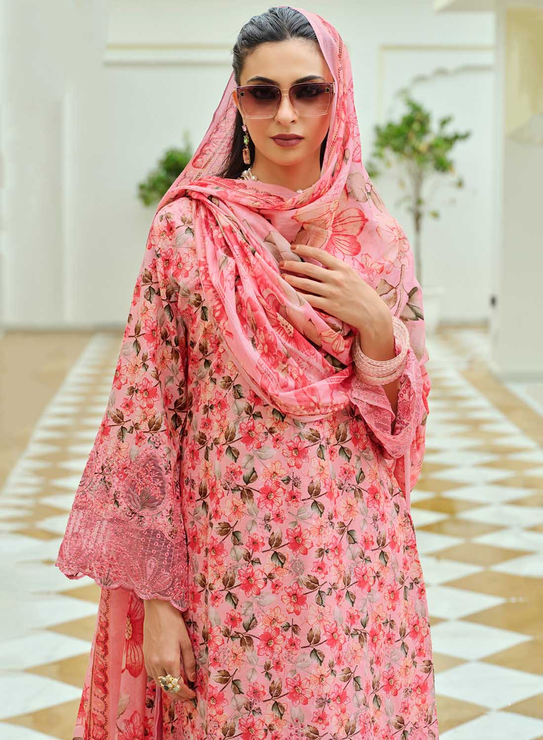 Pure Cotton Unstitched Pakistani Suit Dress Material with Embroidery Pink
