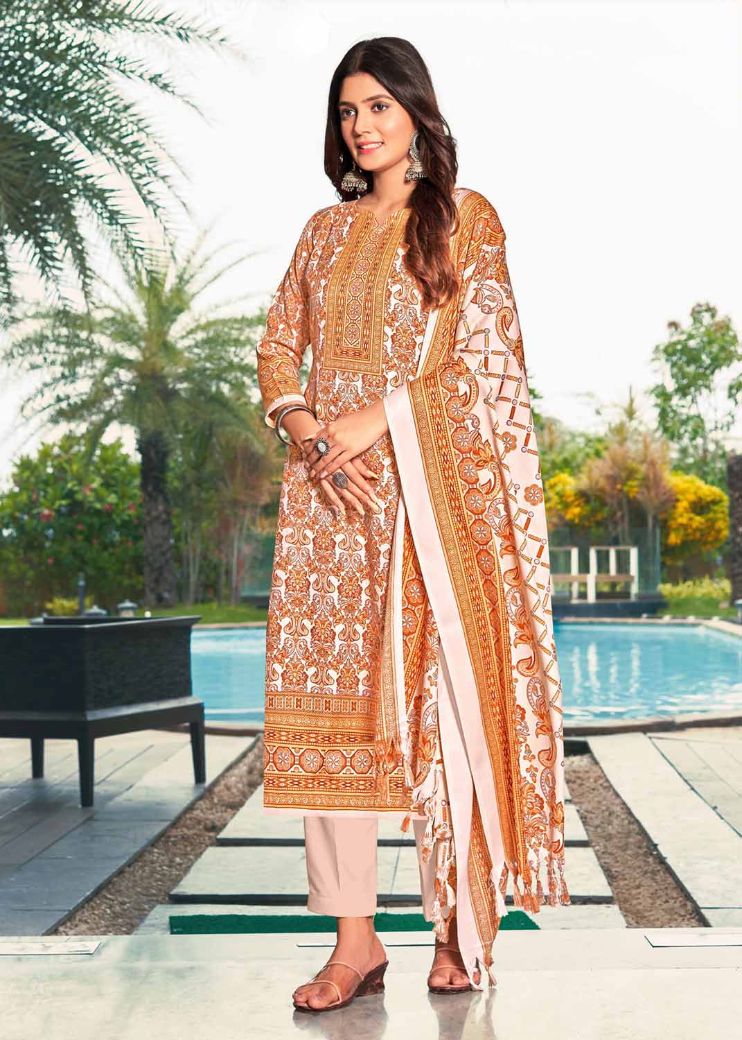 Pashmina Winter Unstitched Peach Suit Dress Material for Women Radha Fab